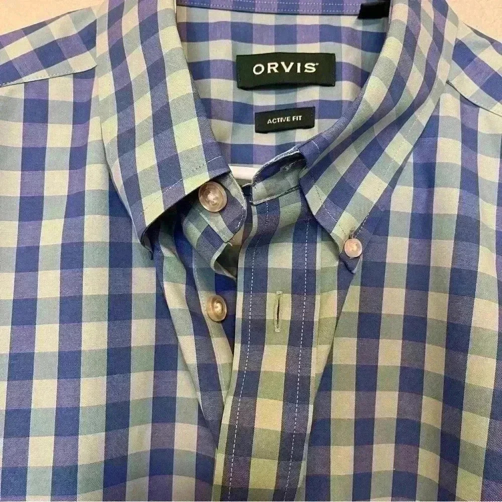 Orvis Blue Green Check Plaid Short Sleeve Button Down Shirt Size Large - Picture 2 of 15